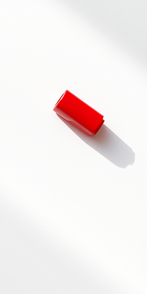 high-resolution image of a red marker lying diagonally on a plain white background, captured with a Canon EOS 5D Mark IV, f-stop 8, shutter speed 1/125s, ISO 200, using a macro lens for detailed texture and color accuracy, natural lighting to enhance reflections and shadows