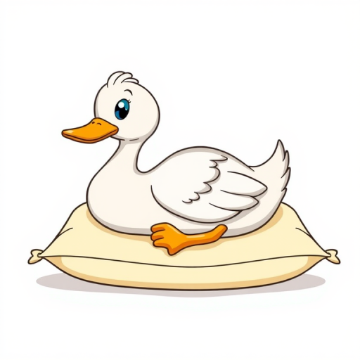 A cartoon duck lying on its back on a pillow with a simple, clean white background