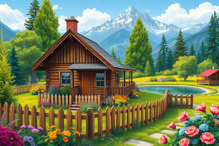 Generate a vibrant illustration of a charming wooden cabin surrounded by lush greenery, a wooden fence, colorful flowers, and a serene pond with mountains in the background, captured with a Canon EOS R5, 35mm lens, f/8 aperture, ISO 100, in a wide-angle view for enhanced detail and clarity.