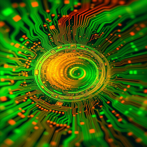 Create an abstract digital art piece depicting a swirling vortex of circuits and patterns, with vibrant green and orange colors, focusing on intricate details, shot with a DSLR camera at f/11, ISO 200, 24mm lens in a macro style to enhance depth and clarity.