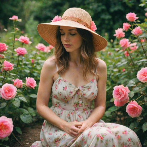 Soft-focus image of a woman sitting in a flower-filled garden, wearing a wide-brimmed hat and a sundress, gently caressing the petals of a blooming rose.