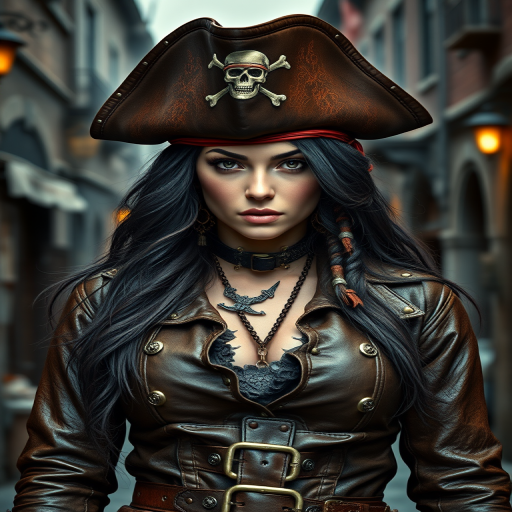 Create a portrait of a fierce female pirate. She wears a leather tricorn hat adorned with a skull and crossbones emblem, and her long, dark hair flows around her face. Her outfit consists of a richly detailed leather jacket, a corset, and multiple layers of belts and accessories, giving her a formidable and stylish appearance. She stands confidently in a dimly lit, historic port town, with a backdrop of weathered buildings and cobblestone streets, capturing the adventurous spirit of a pirate.