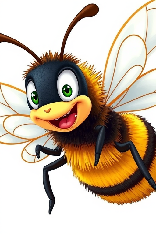 Create a detailed illustration of a cartoon bee character with exaggerated features, large white wings, and an expressive facial expression, using a DSLR camera with a 50mm lens, f/2.8 aperture, ISO 100, and natural lighting for vibrant colors and high contrast.