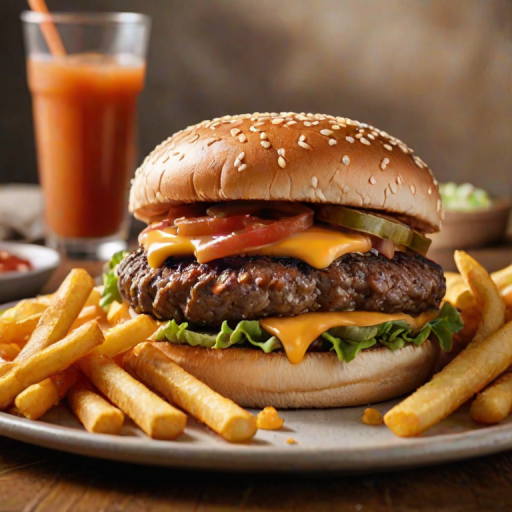 High-resolution, close-up image of a gourmet double cheeseburger. The burger features a glossy, sesame-seed-topped brioche bun. Inside, there are two thick, juicy beef patties, each topped with melted cheddar cheese. The burger is garnished with fresh lettuce, tomato slices, diced onions, and pickles. A generous amount of ketchup and a creamy, orange-colored sauce is dripping down the sides, adding to the mouth-watering appeal. In the background, there are blurred elements including a side of golden French fries and a hint of a beverage, enhancing the overall presentation of a delicious meal.