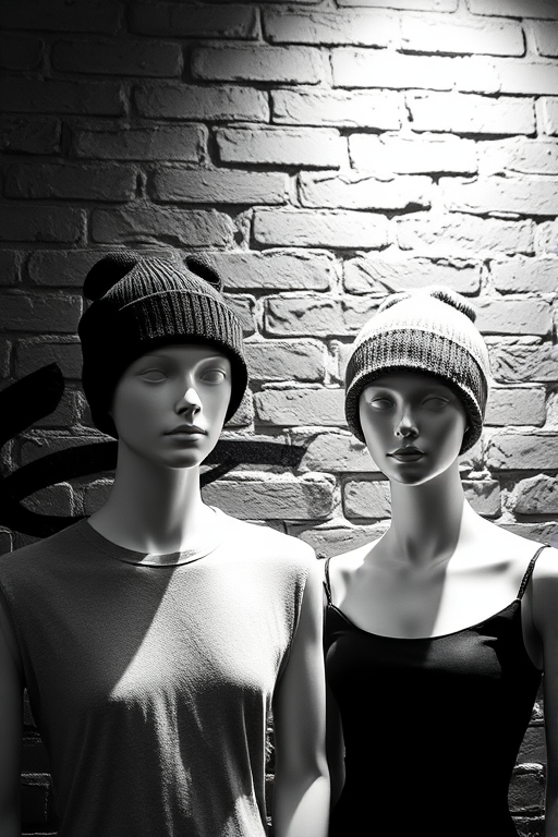 generate a high-contrast black and white image of two mannequins wearing beanies standing against a textured brick wall, use a Canon EOS R5 with a 50mm f/1.2 lens, aperture set to f/2.8, ISO 100, and shutter speed of 1/125s, taken from eye level with a shallow depth of field for enhanced detail.