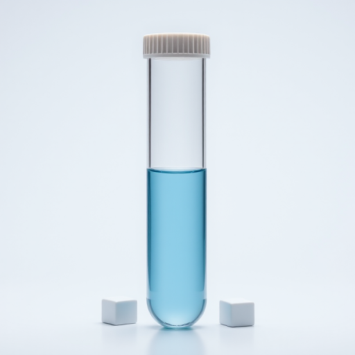 Create a high-resolution vector illustration of a laboratory test tube with a cap open, showing a light blue liquid inside and two small white cubes beside it, captured in a clean and minimalistic style, using a 50mm lens, f/8 aperture, ISO 100, with studio lighting for even illumination.