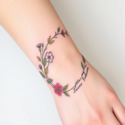 Delicate botanical tattoo featuring pressed flowers and leaves in soft pastel hues, arranged in a circular wreath design around the wrist, with scientific names etched in elegant script