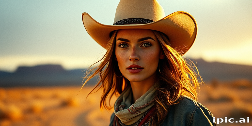 Dramatic photo of a beautiful Western American woman, classic cowboy attire, confident and free spirit expression, half-length portrait, centered, golden hour desert landscape, warm, diffused light, low angle, medium format film camera, in style of Annie Leibovitz.