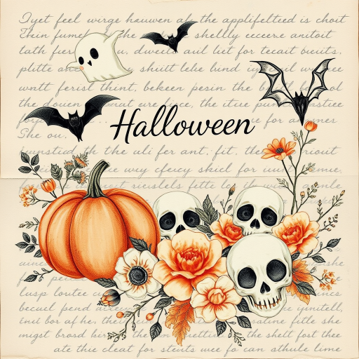 Design a detailed watercolor, vintage-inspired Halloween-themed imagery for a cottagecore junk journal. The design features a spooky yet shabby chic aesthetic with handwritten elements in faded ink, showing slight wear. Include pumpkins, cute ghosts, and adorable skulls alongside autumn florals, all rendered in soft pastel colors like pale orange, cream, and black for accents. The imagery has a slight worn or parchment texture, creating a nostalgic feel. The high-resolution image has no blur, contrast, or grainy textures, and is filled with intricate details in 8k definition.