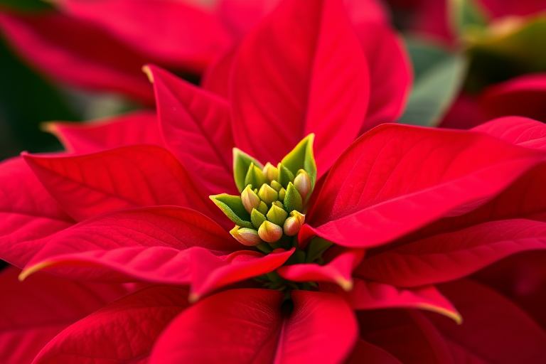 close-up shot of vibrant red poinsettia petals with green buds, shallow depth of field, f/2.8 aperture, 50mm lens, ISO 100, natural light, DSLR camera