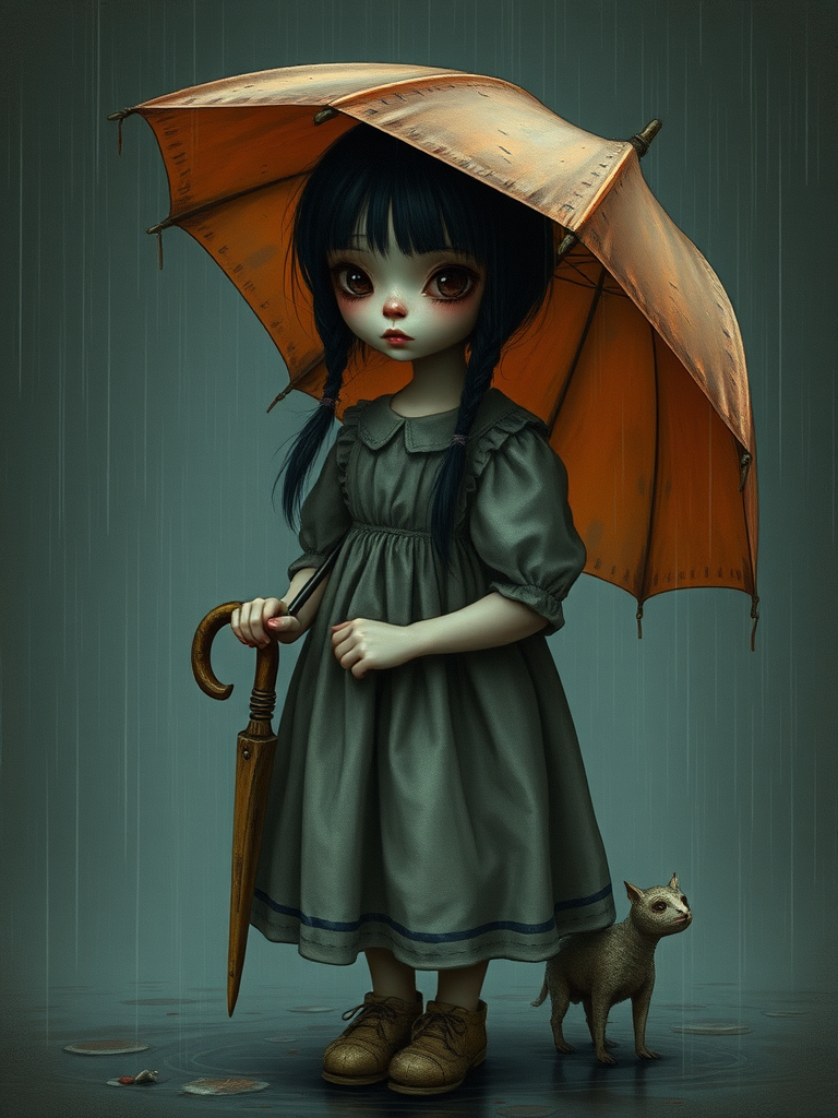An eerie, weird little girl with dark hair in thin pigtails, wearing a smock dress, standing in the rain, holding a dirty orange umbrella, a small, odd creature beside her. In a surreal style inspired by Nicoletta Ceccoli and Brian Froud. Dark fantasy themes