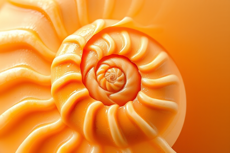 Create a high-resolution image of a nautilus shell with a gradient color scheme transitioning from orange to peach, shot with a Canon EOS R5 at f/8, ISO 100, 50mm lens, in macro view, using natural light to enhance the texture and details of the shell.