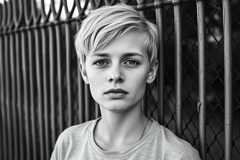 Capture a high-contrast black and white portrait of a person with short blonde hair standing near a textured fence, using a 50mm lens, aperture f/1.8, ISO 100, shutter speed 1/200s, in natural daylight, with a shallow depth of field to blur the background and focus on the subject.