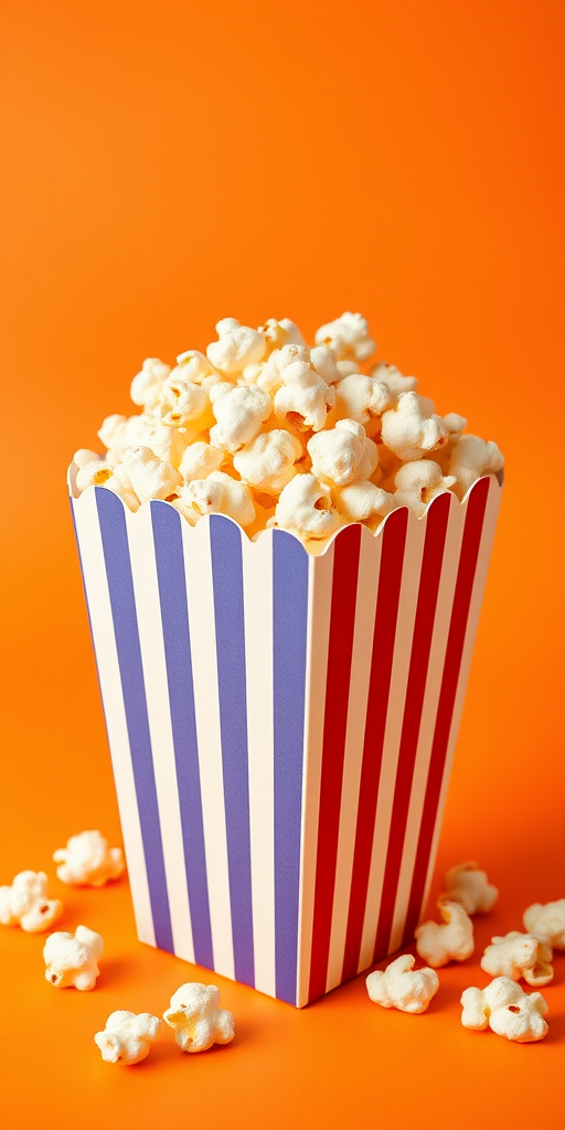 Create a high-resolution image of a striped popcorn box filled with popcorn on a solid orange background using a Canon EOS 5D Mark IV with a 50mm lens, aperture f/2.8, ISO 100, and a wide-angle view for enhanced detail and clarity.