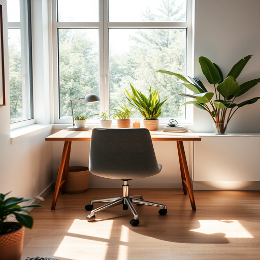 minimalist interior with a wooden desk, gray chair, large window with natural light, potted plants, soft shadows, DSLR camera, 50mm lens, f/1.8 aperture, ISO 200, high dynamic range photography, wide angle view, soft lighting effects
