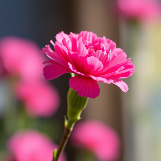 high-resolution image of a single pink carnation flower on a stem, captured with a DSLR camera, f/2.8 aperture, 50mm lens, natural lighting, macro view, soft focus background
