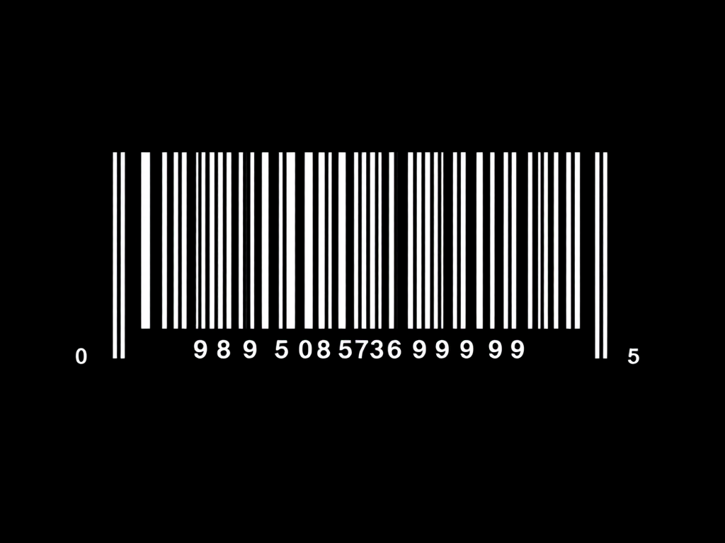 Generate a high-resolution image of a barcode on a plain black background, captured with a Canon EOS 5D Mark IV, using a 50mm lens, aperture set to f/8, shutter speed of 1/125s, ISO 100, taken from a straight-on view with soft lighting to enhance clarity and contrast.