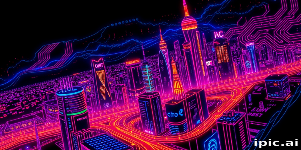 Cyberpunk neon tattoo depicting a futuristic cityscape with glowing circuit board patterns, rendered in vibrant fluorescent inks for a mesmerizing effect under blacklight