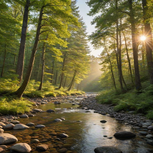 Create an image of a serene, sunlit forest scene with a clear, gently flowing river. Tall trees with lush green foliage line both sides of the river, their leaves bathed in the warm golden light of the setting or rising sun. The sunlight filters through the trees, casting soft, dappled light on the river, which flows over smooth rocks and pebbles, creating a peaceful, natural atmosphere. The sky is bright with a few scattered clouds, and the overall mood is tranquil, evoking a deep sense of connection with nature. The image captures the beauty of a calm, pristine forest landscape at either dawn or dusk.