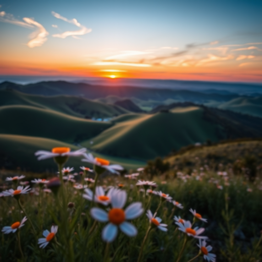 Create a high-resolution image of a serene landscape with rolling hills and a vibrant sunset, using a Canon EOS 5D Mark IV, ISO 100, aperture f/8, shutter speed 1/125s, shooting from a low angle to capture the foreground flowers with a depth of field effect.