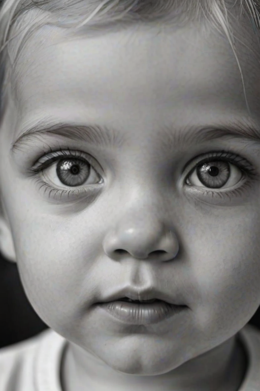 A hyperdetailed photorealistic black and white sketch of a beautiful toddler with deep white eyes, with a macro focus
