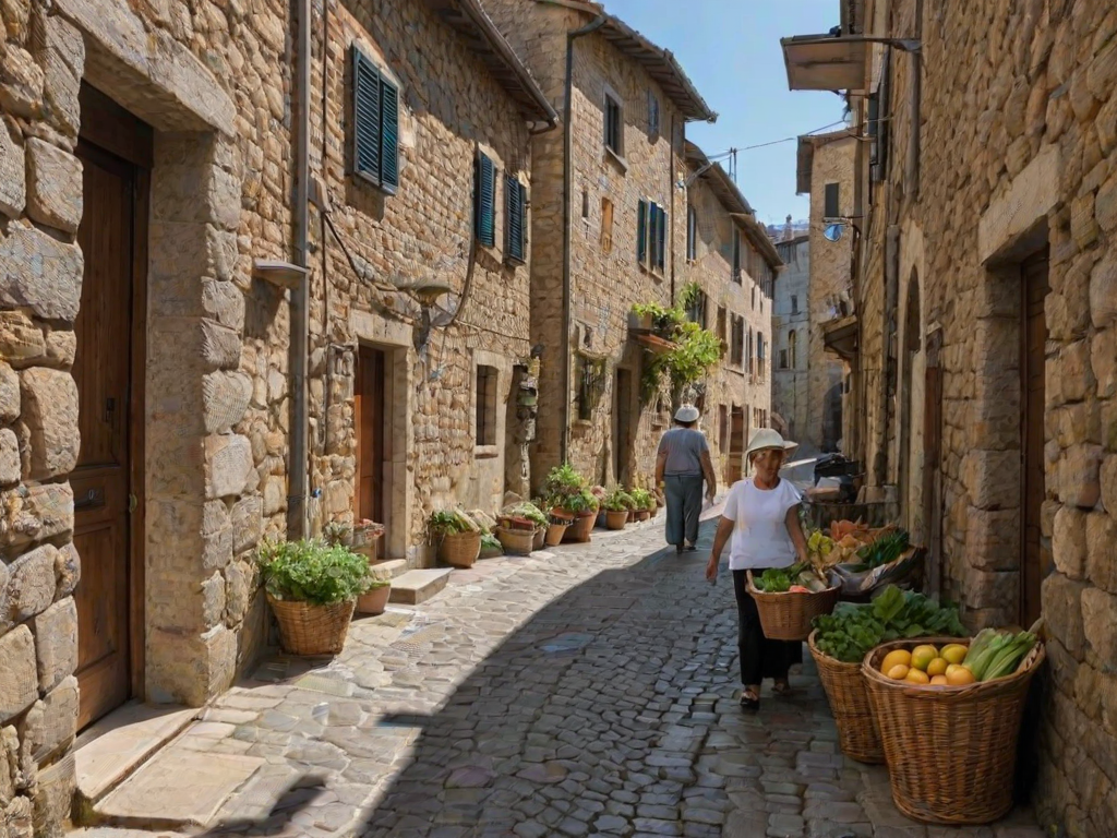 Old cobblestone street in an Italian village, with narrow alleys winding between stone houses and a woman carrying a basket of fresh produce from the market.