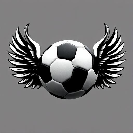 Create a high-resolution vector image of a soccer ball with stylized wings, using a Canon EOS R with a 50mm lens, aperture set to f/2.8, ISO 100, and a shallow depth of field, emphasizing the contrast between the black and white colors.
