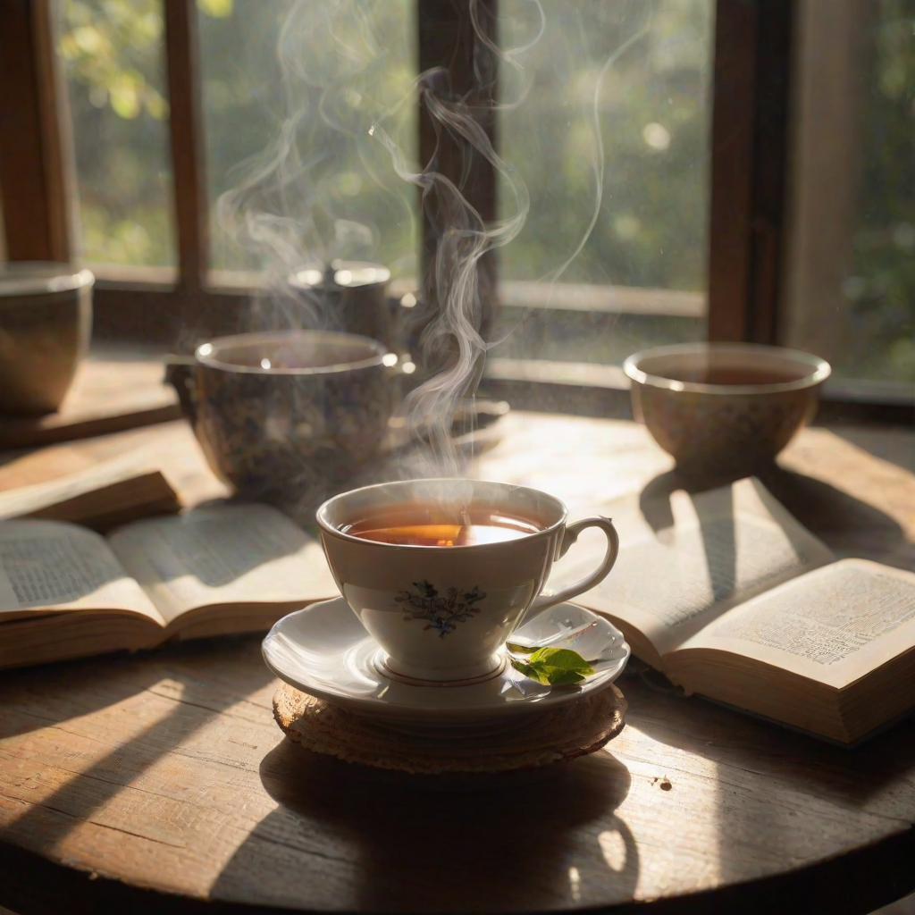 Sharp, high-resolution image of a cup of tea on a wooden table, steam rising from the surface, sunlight filtering through a nearby window, a book open beside the cup, soft shadows cast by the tea leaves floating in the water, a peaceful, quiet atmosphere captured.