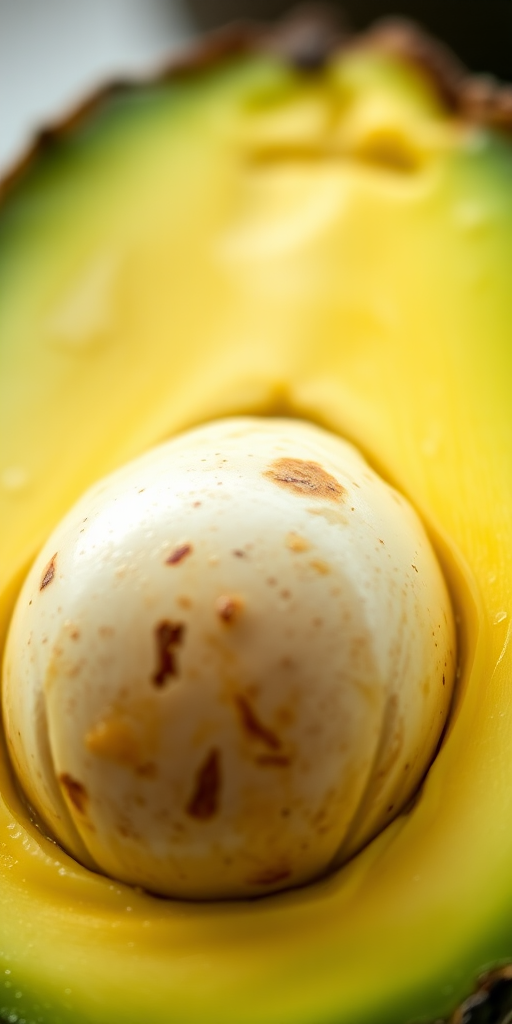 a close-up of a halved avocado with a focus on the seed and smooth green flesh, soft natural lighting, shallow depth of field, 50mm lens, f/2.8, ISO 100, DSLR camera.