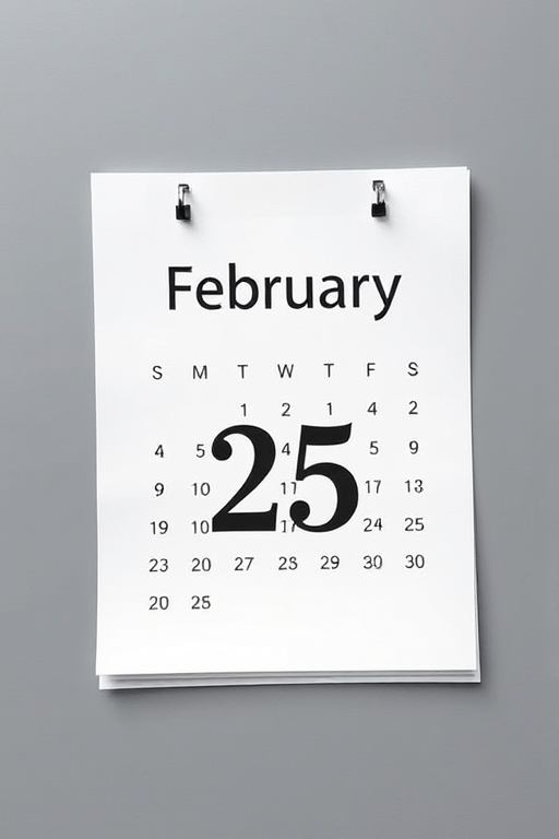 Generate a high-resolution image of a calendar page displaying "February 25" with a clean, modern design, shot with a DSLR camera at f/2.8 aperture, 35mm lens, and a slight overhead angle.