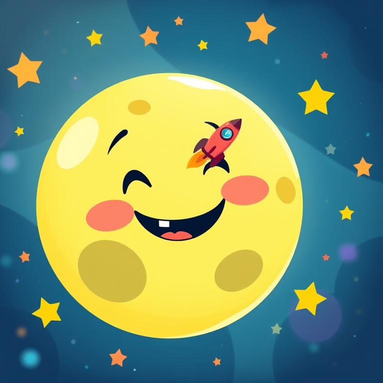 Create a whimsical illustration of a smiling cartoon moon in space, surrounded by colorful stars, with a small rocket ship blasting off from its surface, using a Canon EOS R5 camera, 50mm lens, f/1.8 aperture, ISO 100, in a bright, vibrant style with a soft focus background.