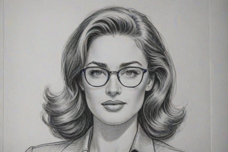 Bewitching Justin Hartley, pencil sketch, portrait of Fascinating woman 1941s in glasses, hair style beatnik, outline, clear lines, fine lines, 8k