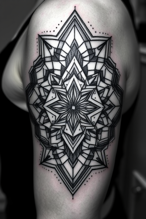 Intricate blackwork tattoo called "Geometric Shadows" showcasing complex interlocking shapes and patterns with dotwork shading creating depth and dimension in a mesmerizing monochromatic design