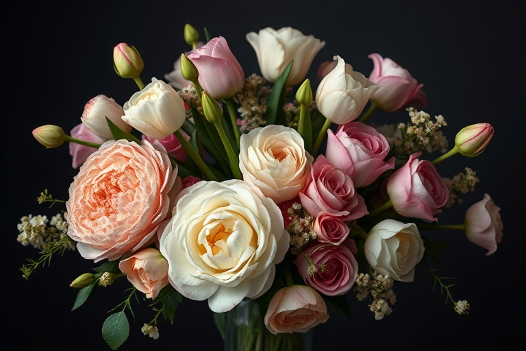 Create an intricate still life arrangement of various flowers including peonies, tulips, and roses against a dark background, using a Canon EOS R5 with a 100mm f/2.8L macro lens, aperture set to f/4, ISO 200, and a soft focus effect for a dreamy quality.