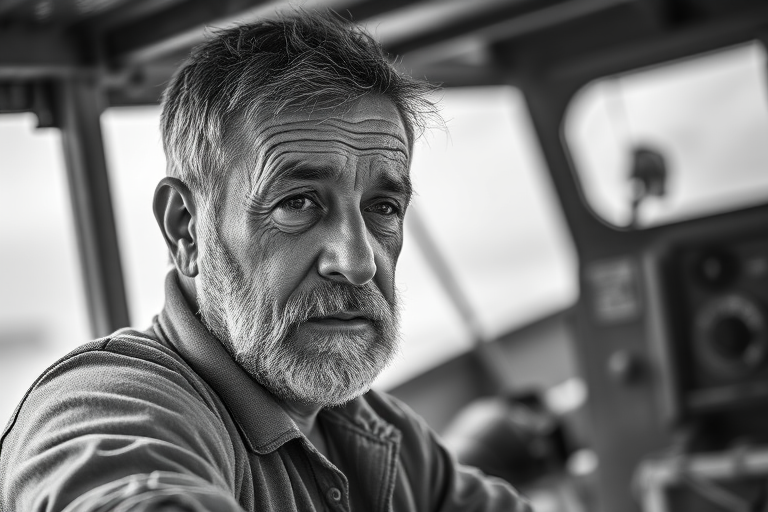 Capture a candid portrait of a middle-aged man deep in thought while working on a boat, using a Canon EOS R5 with a 50mm f/1.8 lens, aperture set to f/2.8 for soft background blur, shutter speed at 1/125s, ISO 200, in black and white for dramatic effect, shot from eye level to convey intimacy.