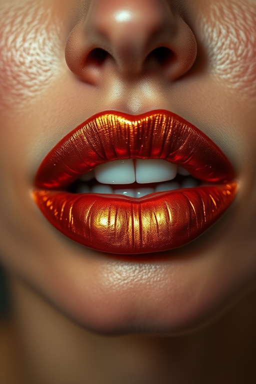 Hypnotic woman lips featuring a metallic copper lipstick, warm and rich, reflecting light uniquely, adding depth and dimension to the lips