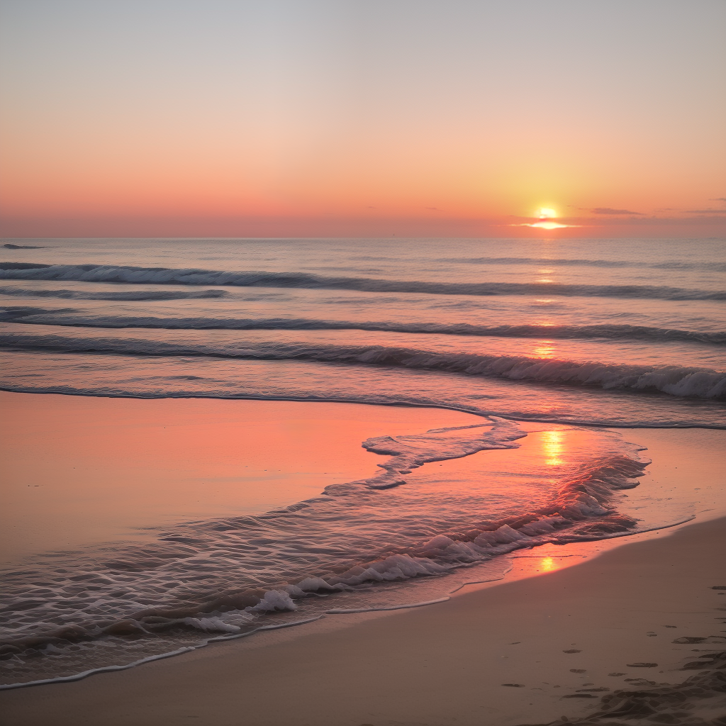 Serene Sunset Over Tranquil Waves Reflecting Colors on Sandy Shoreline