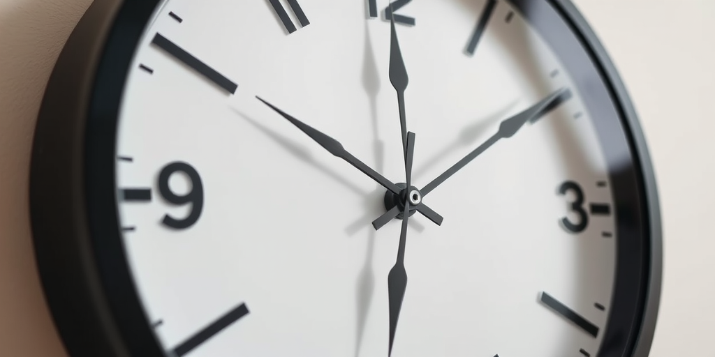 Create a high-resolution close-up image of a modern wall clock with a clean design, using a DSLR camera, 50mm lens, aperture f/2.8, ISO 100, 1/100 second shutter speed, natural lighting, capturing the clock face at a slight angle for depth.