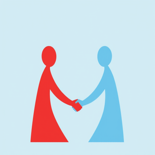 Create a clean, minimalist illustration of two abstract figures shaking hands in a circular design against a light blue background, using a 50mm lens, f/1.8 aperture, 1/250s shutter speed, and soft natural lighting to enhance depth and clarity.