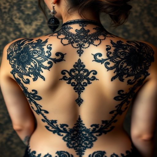 Ornate blackwork body tattoo showcasing intricate lace patterns and filigree designs across the shoulders and upper back, creating a stunning illusion of gothic jewelry