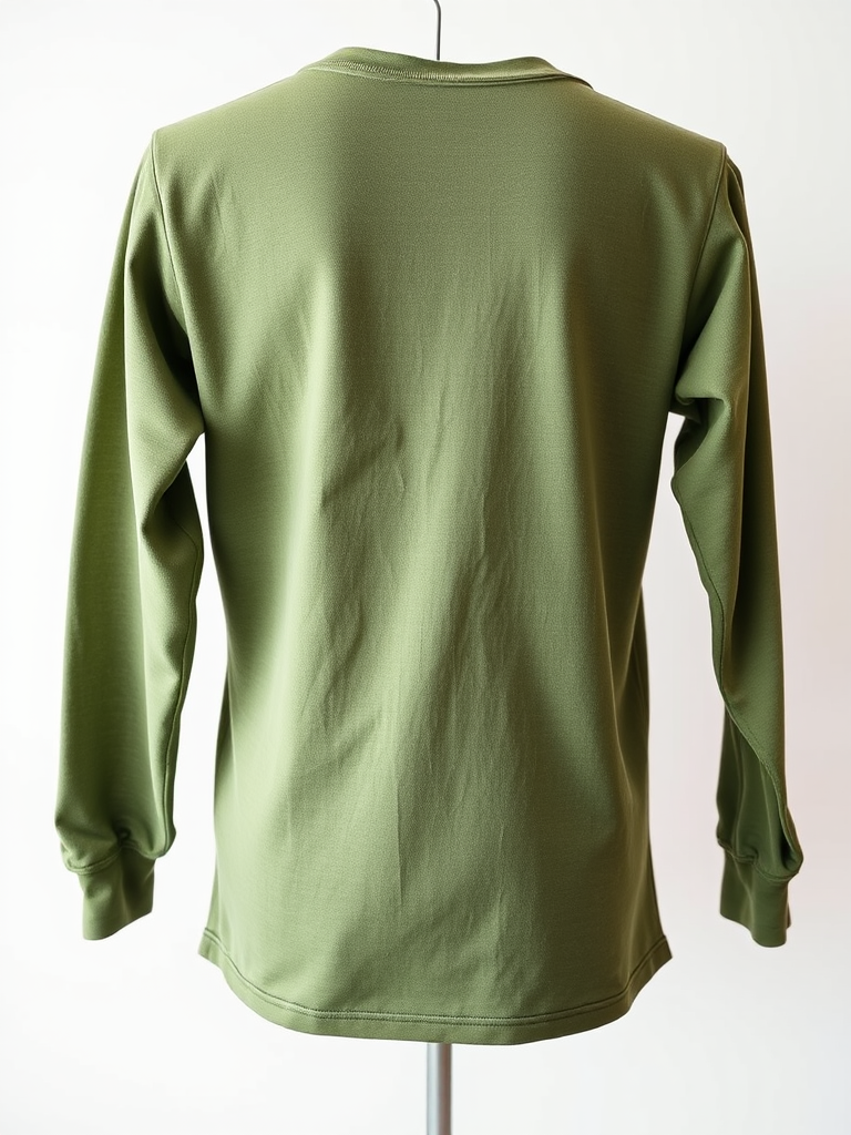 A textured long-sleeve green shirt displayed against a plain white background, captured with a Canon EOS 5D Mark IV, 50mm lens, f/8 aperture, ISO 100, soft diffused lighting, and a shallow depth of field for enhanced detail.