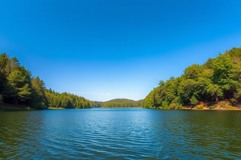 Create a high-resolution image of a tranquil landscape featuring a serene lake surrounded by lush green trees under a clear blue sky, captured with a Canon EOS 5D Mark IV using a 24-70mm f/2.8 lens at f/11, ISO 100, and a shutter speed of 1/125 seconds for optimal clarity and detail, with a wide-angle view to enhance depth.