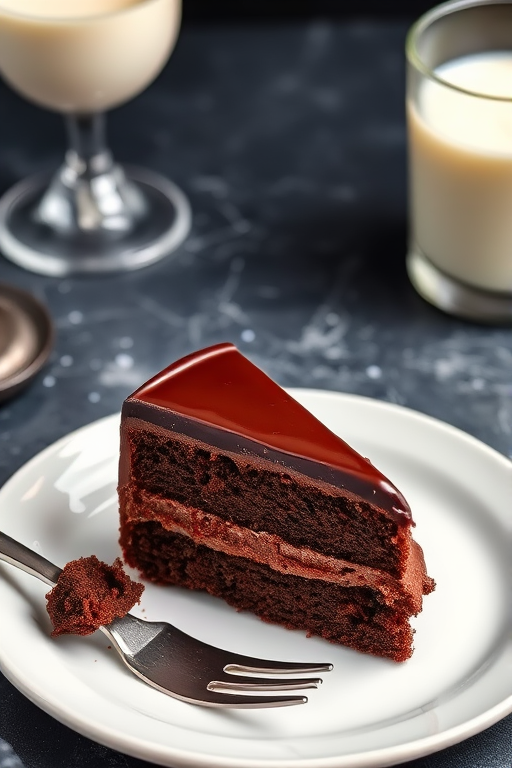 A slice of rich chocolate cake on a white plate with a fork beside it the cake has a glossy chocolate ganache and layers visible the background is a dark textured surface with a soft focus on a cake server and a glass of milk