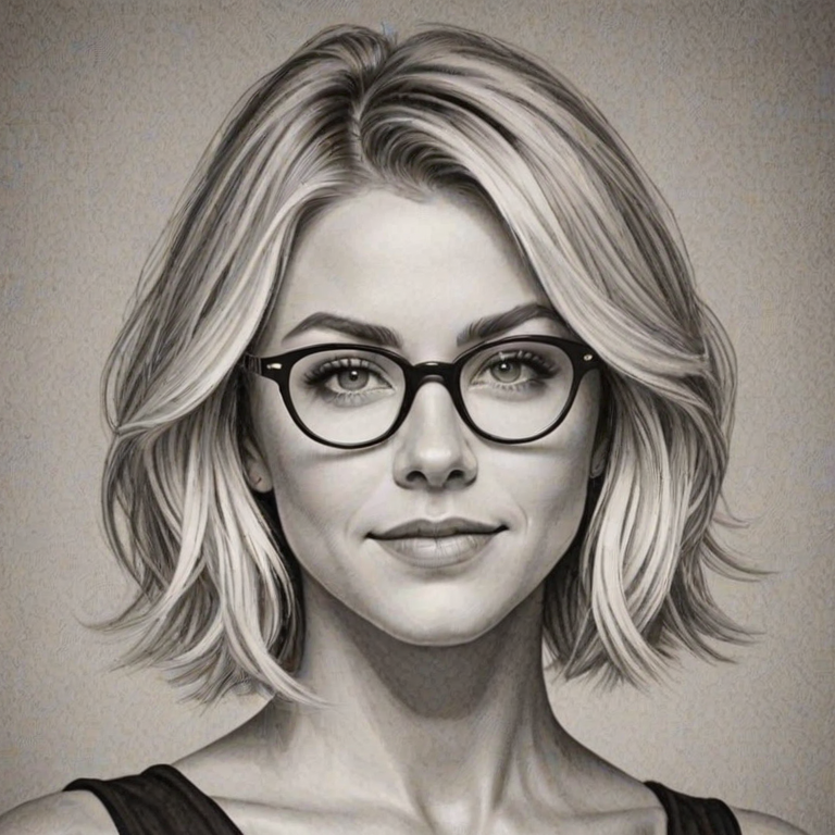 Bewitching Julianne Hough, pencil sketch, portrait of Attractive woman 1928s in glasses, hair style beatnik, outline, clear lines, fine lines, 8k