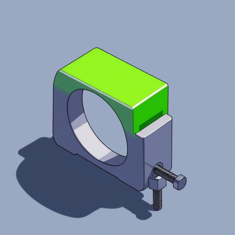 Create a high-resolution illustration of a C-clamp with a vibrant green block, using a 50mm lens at f/8, ISO 100, captured from a slightly elevated angle, utilizing a digital art style.
