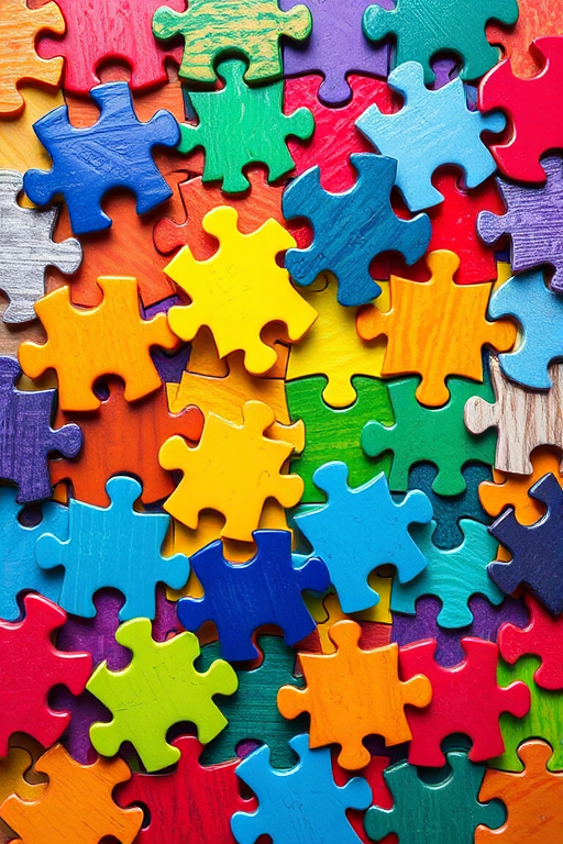 Create a vivid and colorful collage of interconnected puzzle pieces, shot with a DSLR camera, 50mm lens at f/2.8, ISO 100, and a top-down view for a flat lay effect.