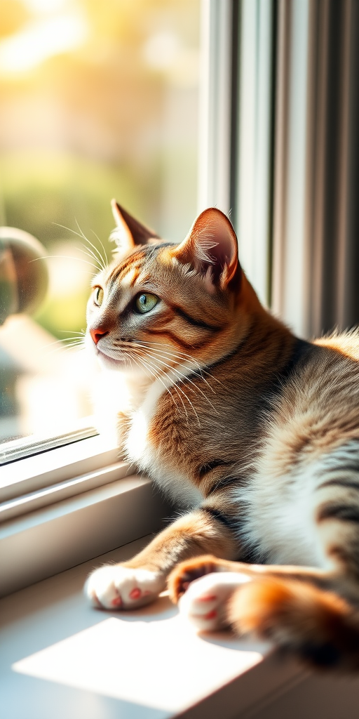 Generate a high-resolution image of a cat lounging on a sunny windowsill with soft natural lighting, captured using a DSLR camera with a 50mm lens at f/1.8, ISO 100, and a shallow depth of field to create a blurred background, taken from a slightly elevated angle to emphasize the cat's relaxed posture.