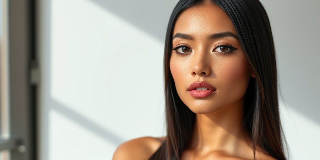 Generate a high-resolution digital portrait of a woman with sharp makeup features and straight black hair, using a Canon EOS R5, 85mm lens, f/1.8 aperture, ISO 100, shot in soft natural light with a clean studio backdrop.