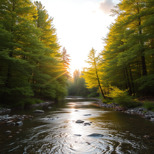 Create an image of a serene, sunlit forest scene with a clear, gently flowing river. Tall trees with lush green foliage line both sides of the river, their leaves bathed in the warm golden light of the setting or rising sun. The sunlight filters through the trees, casting soft, dappled light on the river, which flows over smooth rocks and pebbles, creating a peaceful, natural atmosphere. The sky is bright with a few scattered clouds, and the overall mood is tranquil, evoking a deep sense of connection with nature. The image captures the beauty of a calm, pristine forest landscape at either dawn or dusk.