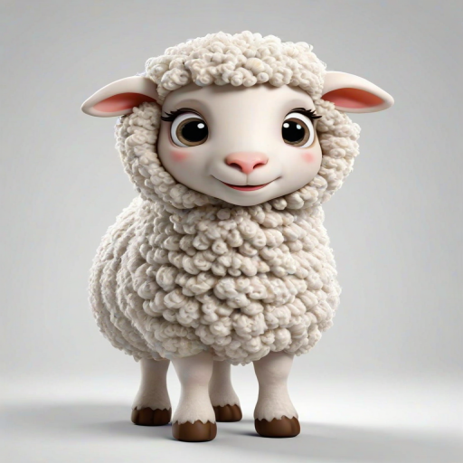create a cartoon sheep with a fluffy white coat, large round eyes, and a friendly expression, standing on a white background
